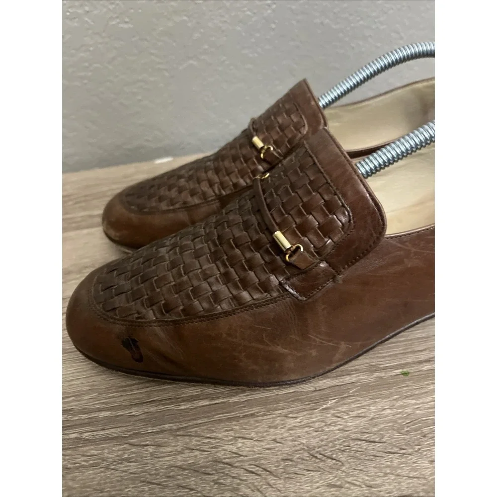 Pucci Loafers Mens 10 Brown Woven Leather Gold Bar Slip On Made in Italy Vintage